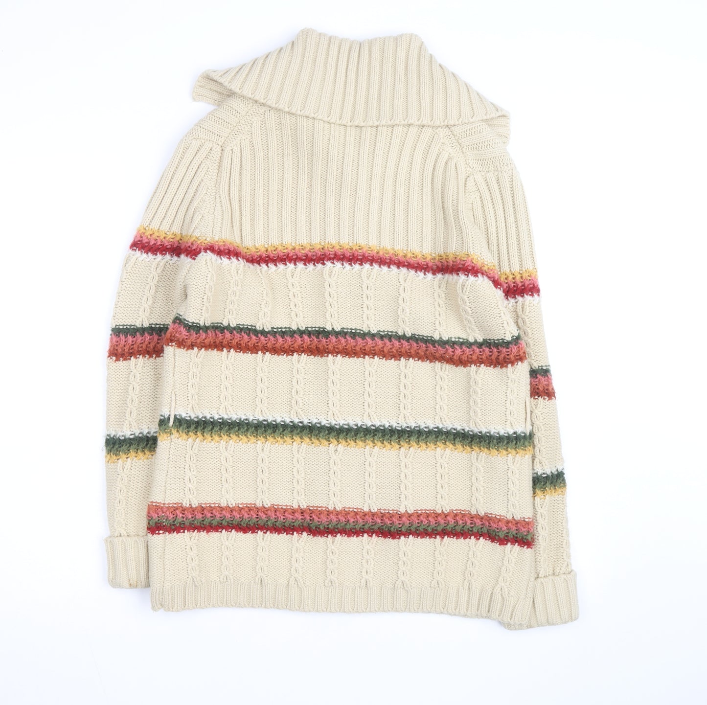 Import Men's Beige Striped Cable-Knit Cardigan L Long Sleeve