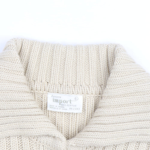 Import Men's Beige Striped Cable-Knit Cardigan L Long Sleeve