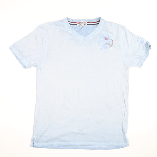 Geographical Norway Men's Blue Embroidered V-Neck Cotton T-Shirt M