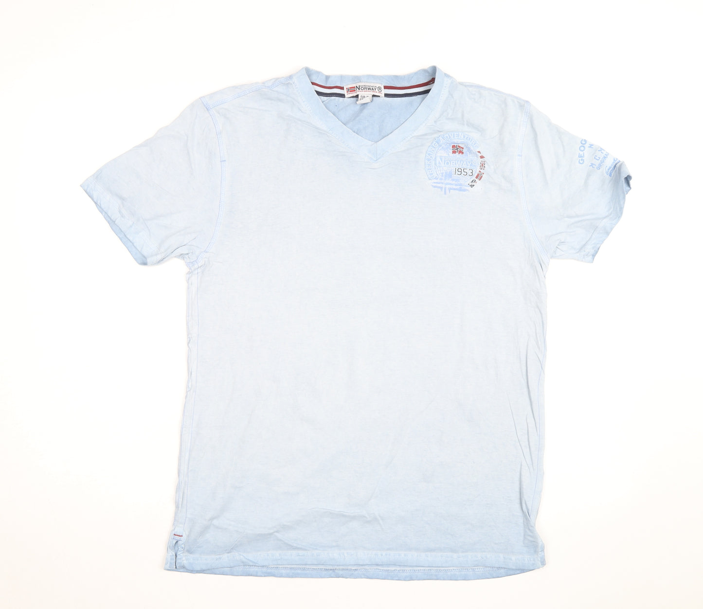 Geographical Norway Men's Blue Embroidered V-Neck Cotton T-Shirt M