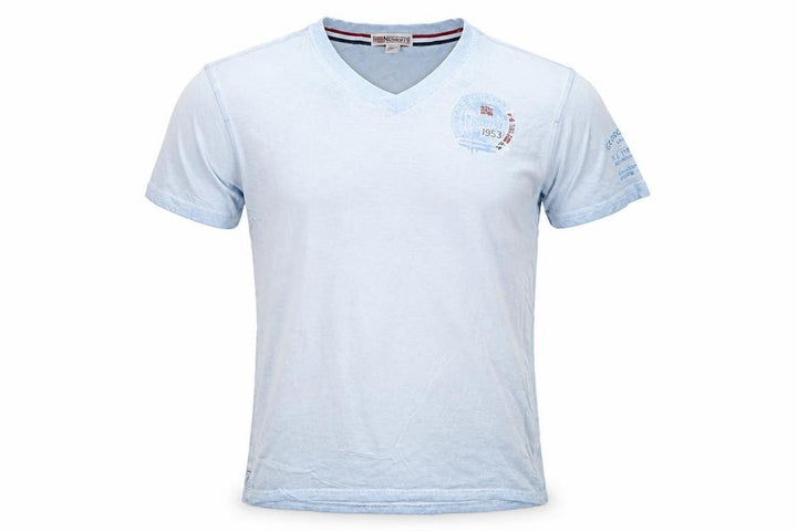 Geographical Norway Men's Blue Embroidered V-Neck Cotton T-Shirt M