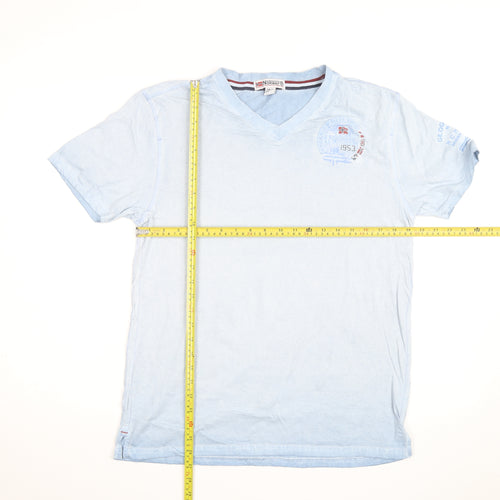 Geographical Norway Men's Blue Embroidered V-Neck Cotton T-Shirt M