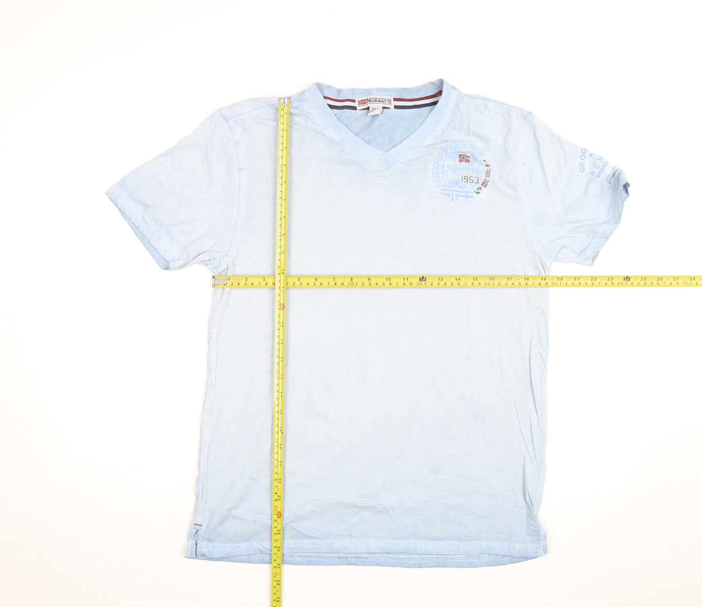 Geographical Norway Men's Blue Embroidered V-Neck Cotton T-Shirt M