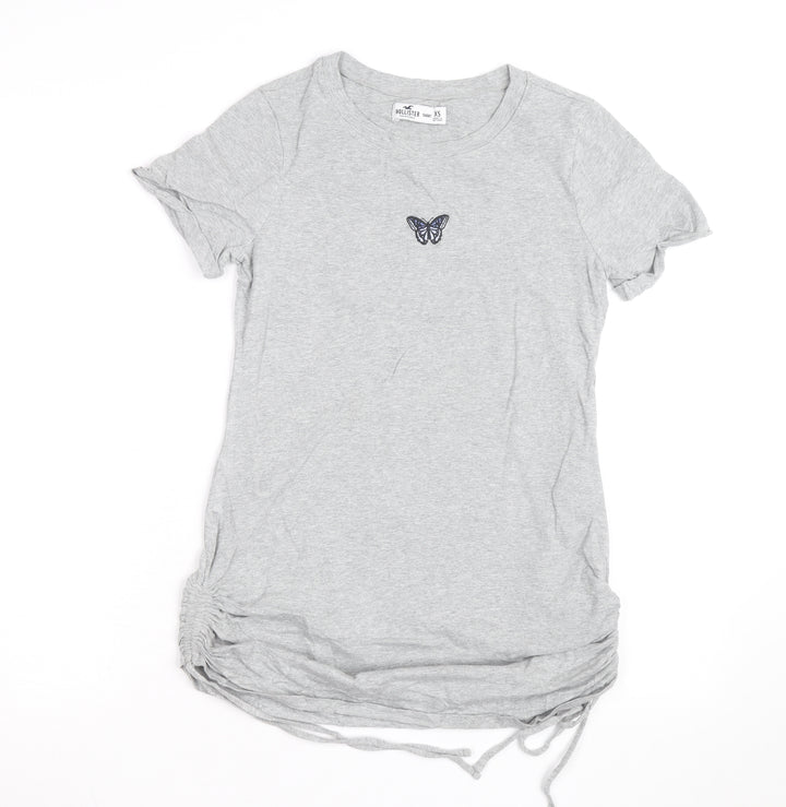 Hollister Women’s Grey T-Shirt Dress XS Short Sleeve Butterfly Embroidered