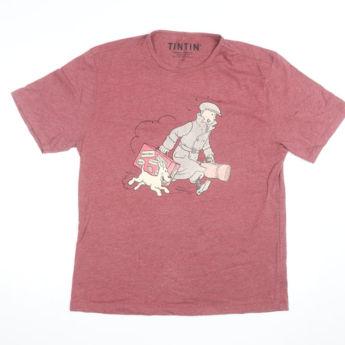 Tintin Men’s Red Graphic Print T-Shirt XL Cotton Blend