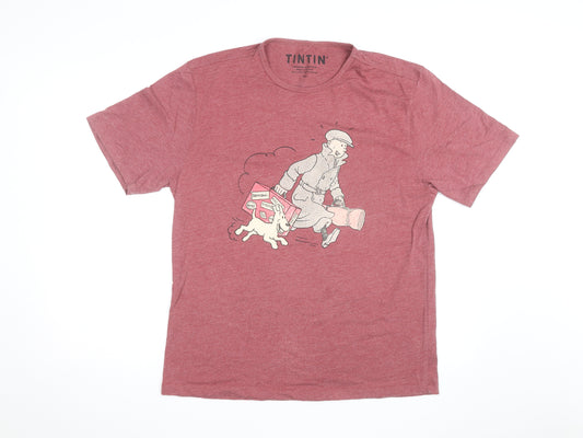 Tintin Men’s Red Graphic Print T-Shirt XL Cotton Blend