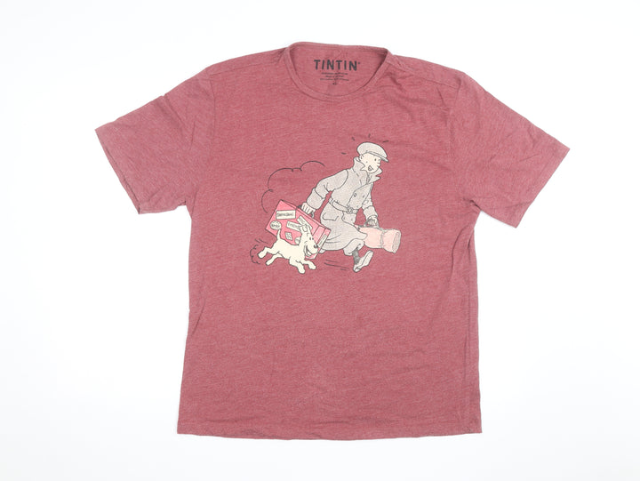 Tintin Men’s Red Graphic Print T-Shirt XL Cotton Blend