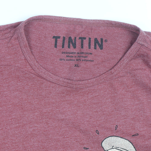 Tintin Men’s Red Graphic Print T-Shirt XL Cotton Blend