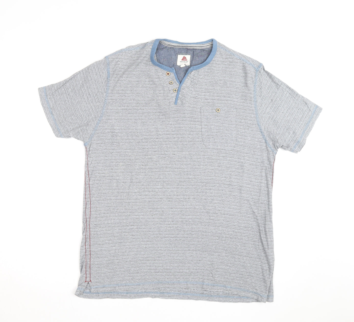 One Valley Men's Blue Henley Short Sleeve Cotton Blend T-Shirt Size M