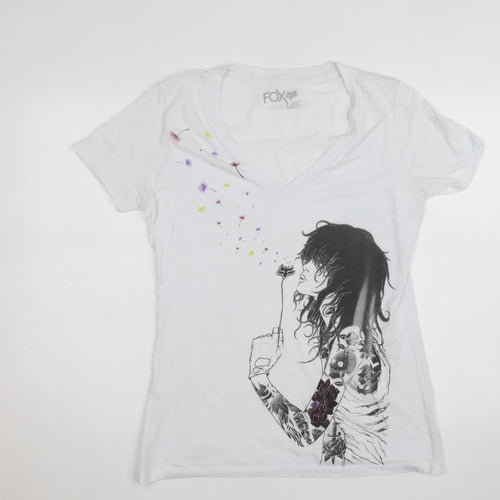 Fox Womens White Graphic V-Neck Short Sleeve Cotton T-Shirt Size L