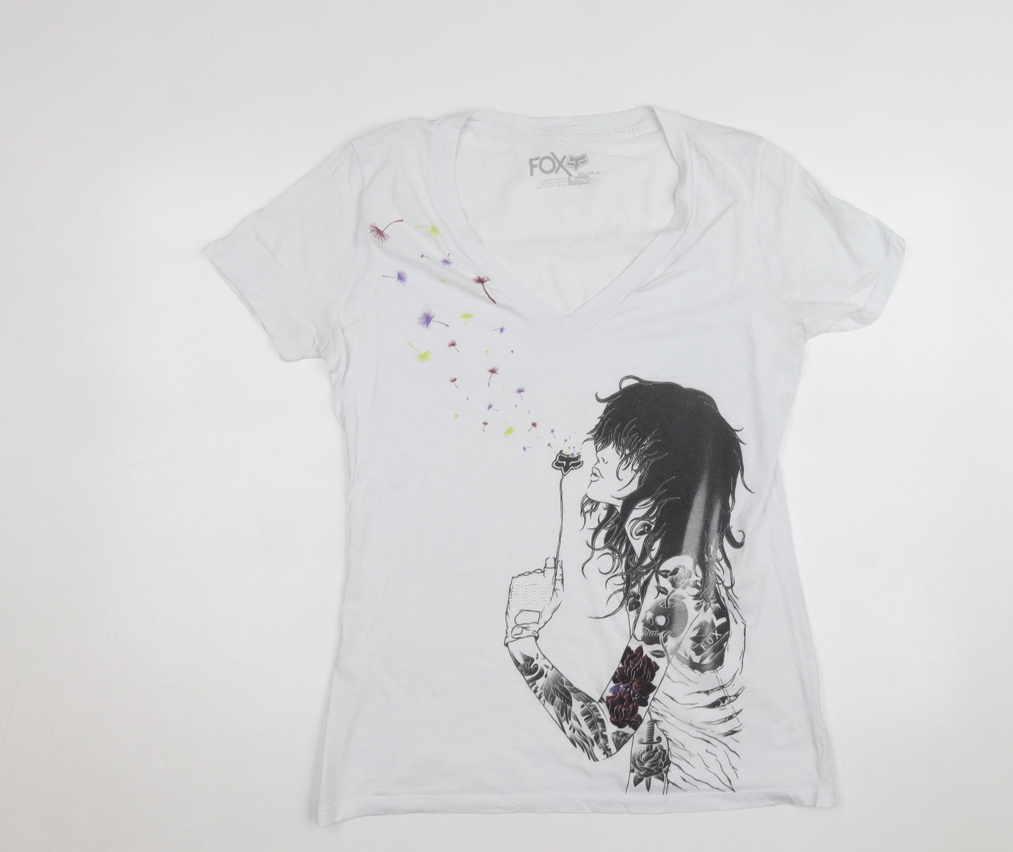 Fox Womens White Graphic V-Neck Short Sleeve Cotton T-Shirt Size L
