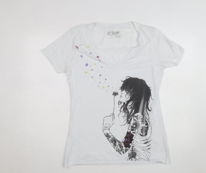 Fox Womens White Graphic V-Neck Short Sleeve Cotton T-Shirt Size L