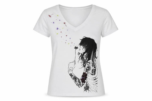 Front view of Fox women’s white graphic v-neck short sleeve cotton t-shirt, size L