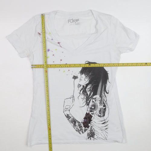 Fox Womens White Graphic V-Neck Short Sleeve Cotton T-Shirt Size L