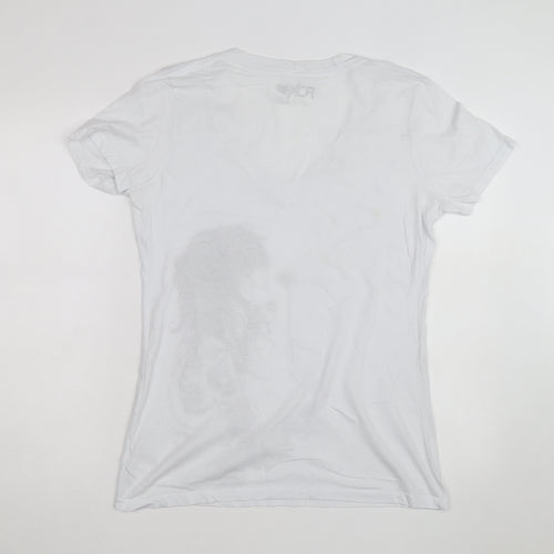 Fox Womens White Graphic V-Neck Short Sleeve Cotton T-Shirt Size L