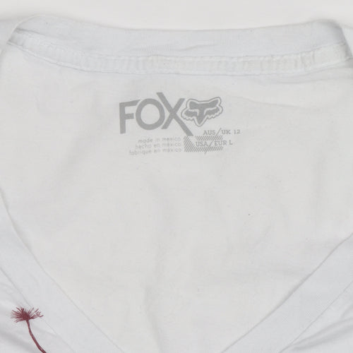 Fox Womens White Graphic V-Neck Short Sleeve Cotton T-Shirt Size L