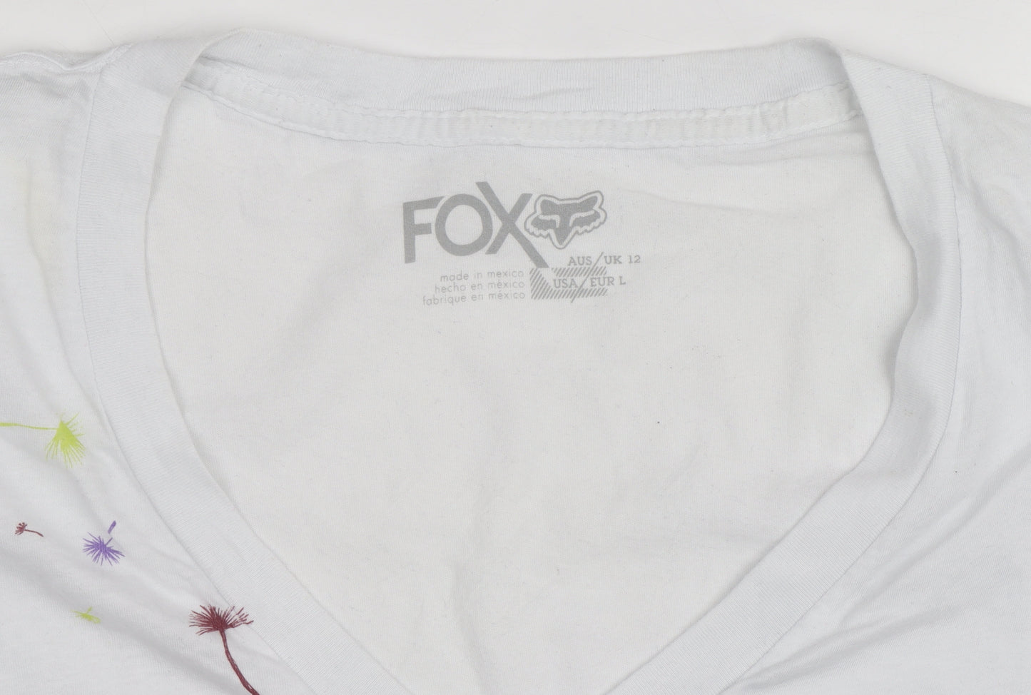 Fox Womens White Graphic V-Neck Short Sleeve Cotton T-Shirt Size L