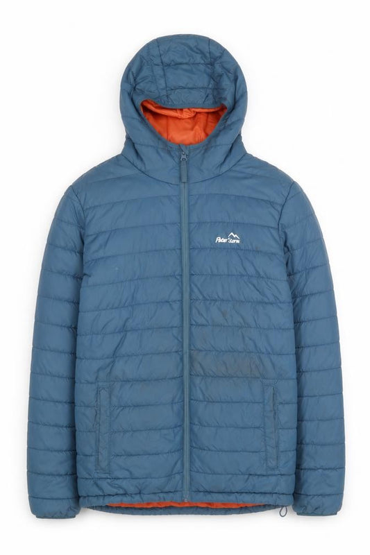 Front view of Peter Storm Men’s Blue Hooded Puffer Jacket, size S, Insulated Outdoor