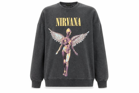 Front view of Nirvana Women's Black Pullover Sweatshirt, size 10/12, Crew Neck Rock Graphic