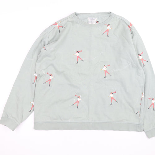 Fat Face Womens Green Ice Skater Print Sweatshirt Size 16 UK Cotton Crew Neck