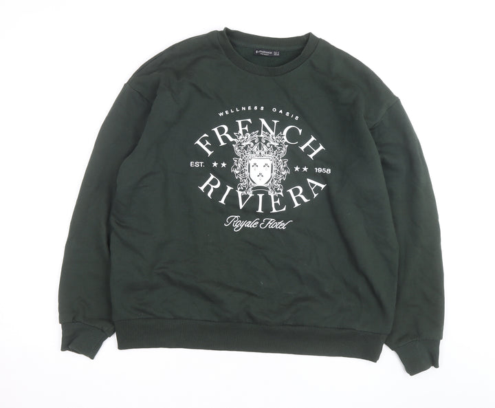Stradivarius Unisex Dark Green French Riviera Graphic Sweatshirt Size S