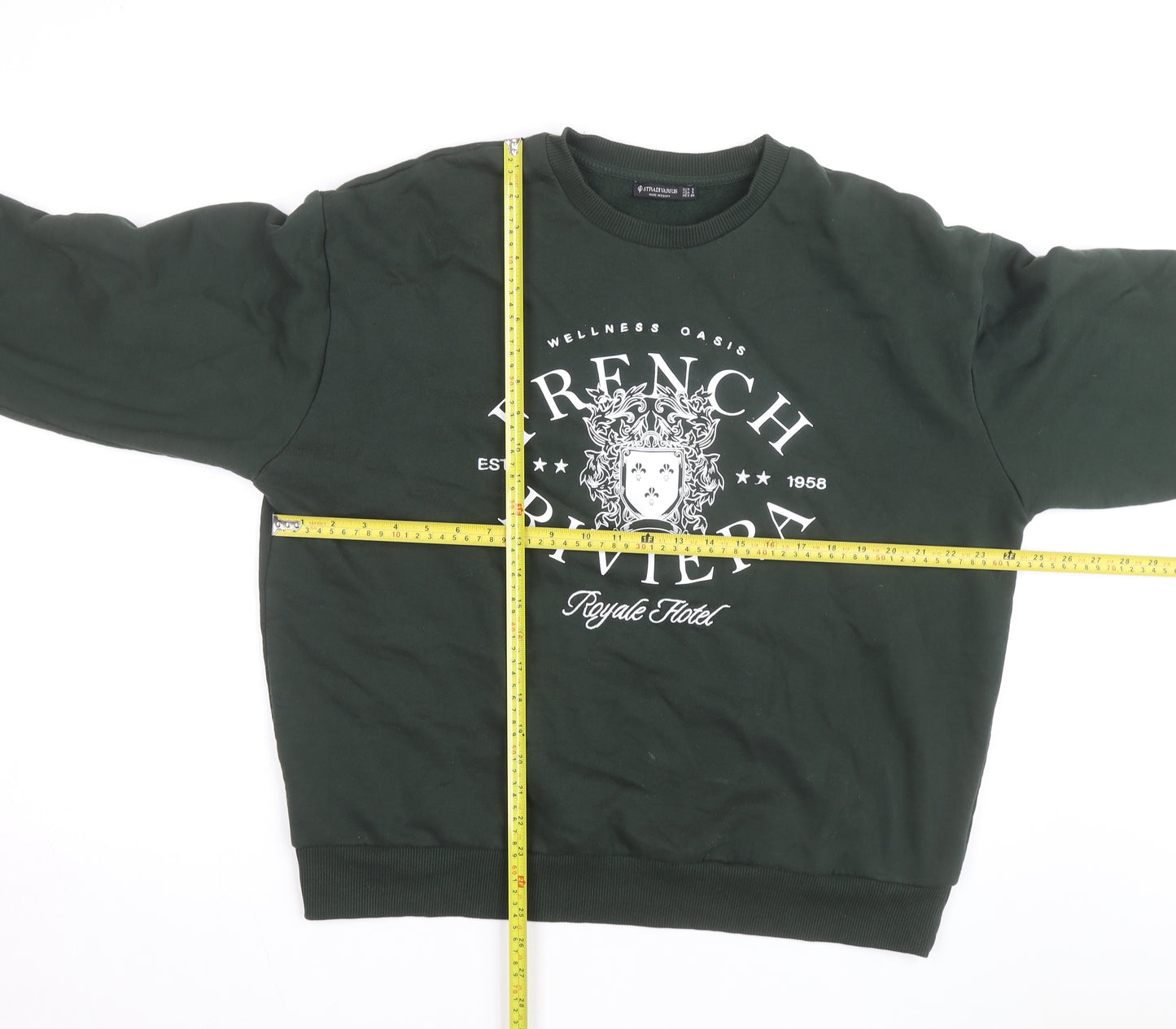 Stradivarius Unisex Dark Green French Riviera Graphic Sweatshirt Size S