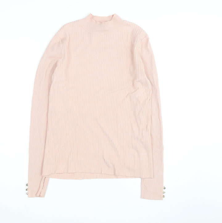 Lipsy Women Pink Ribbed Mock Neck Long Sleeve Pullover Jumper Size 10