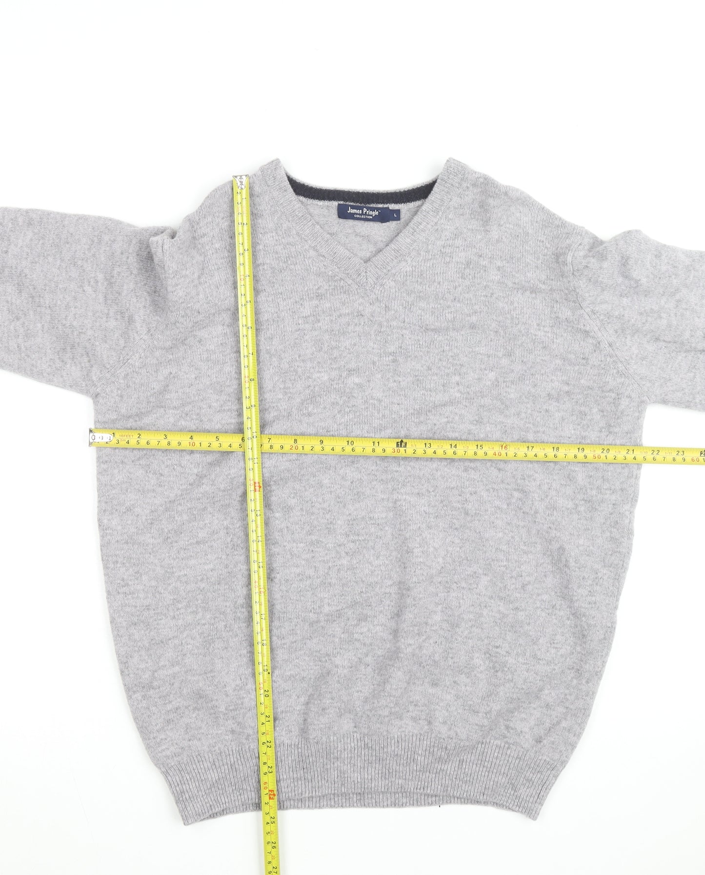 James Pringle Men's Grey Wool V-Neck Jumper Size L Classic Knit