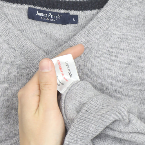 James Pringle Men's Grey Wool V-Neck Jumper Size L Classic Knit