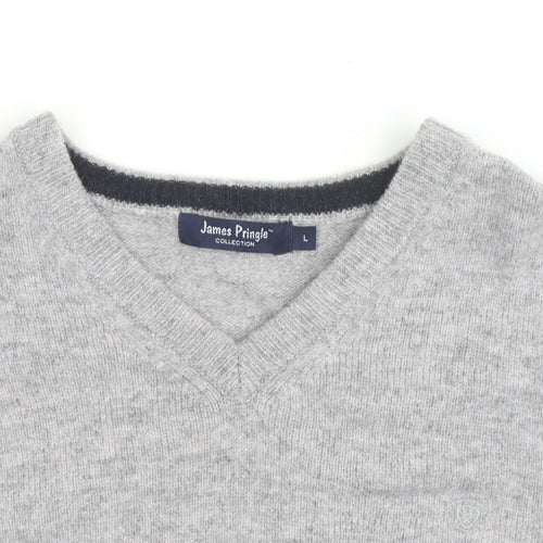 James Pringle Men's Grey Wool V-Neck Jumper Size L Classic Knit