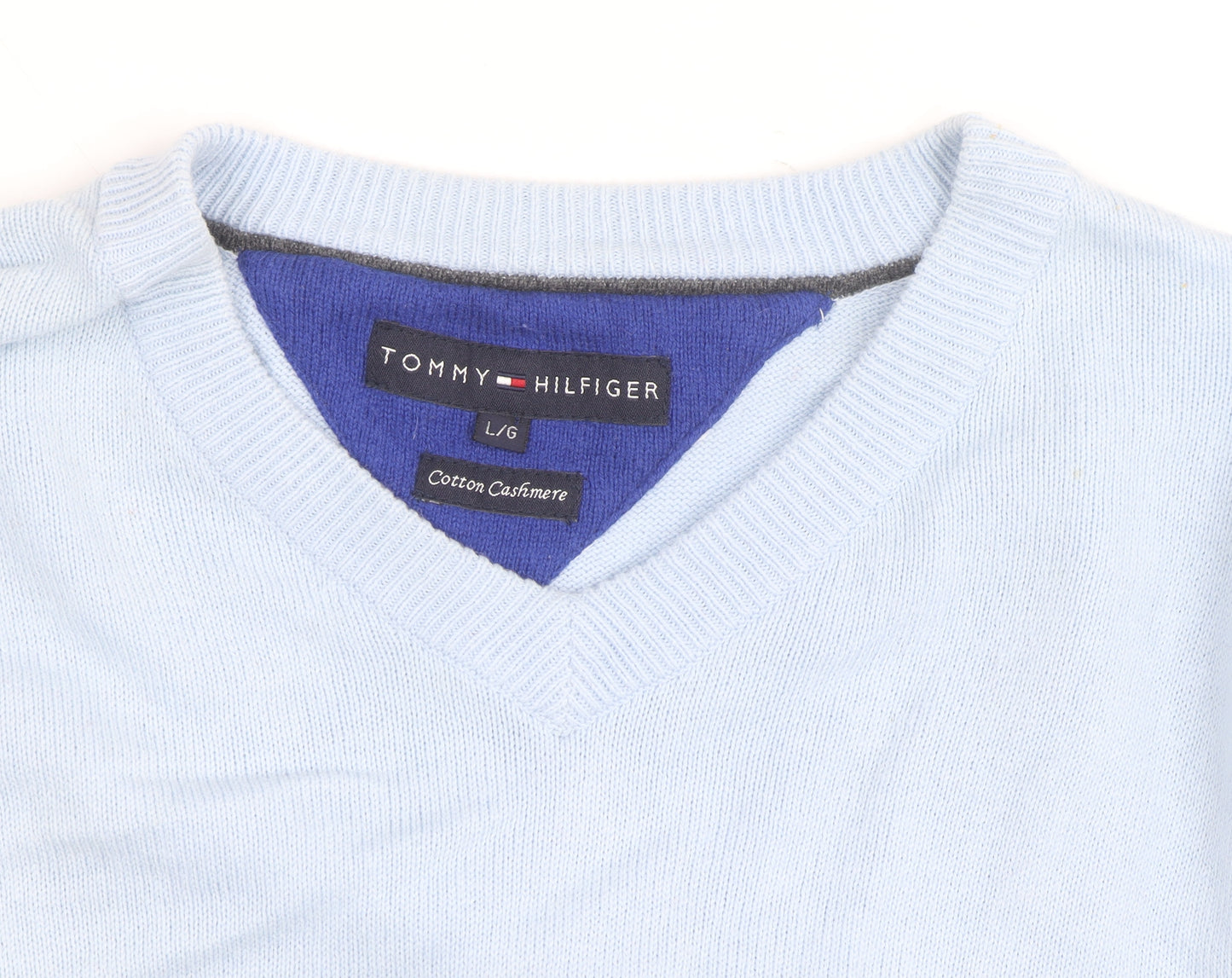 Tommy Hilfiger Men’s Blue Cotton Cashmere V-Neck Jumper Size L