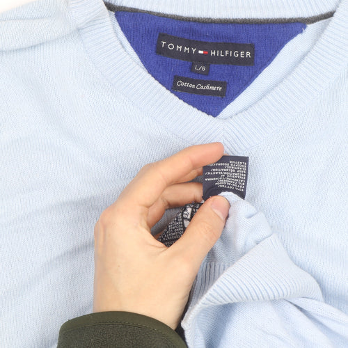 Tommy Hilfiger Men’s Blue Cotton Cashmere V-Neck Jumper Size L