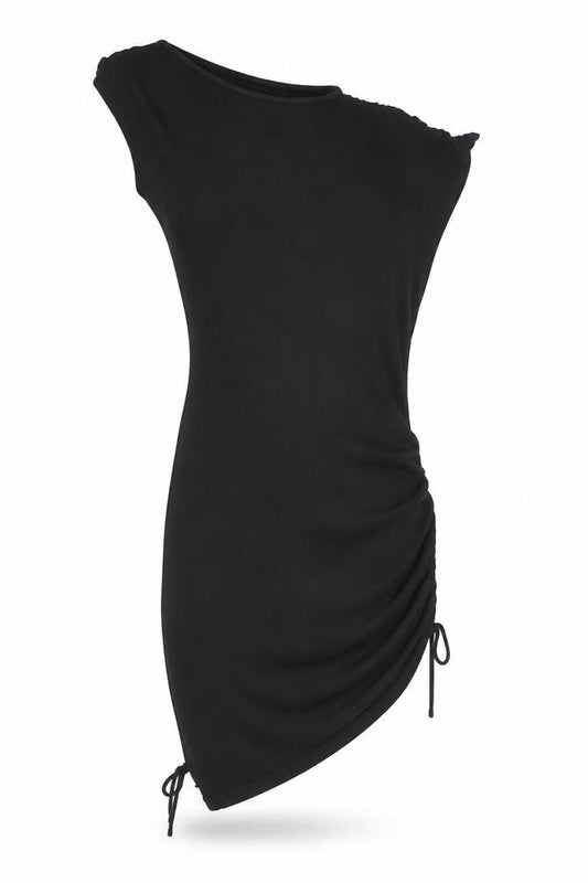 Front view of Wander Doll Women’s Black XS One Shoulder Ruched Bodycon Dress