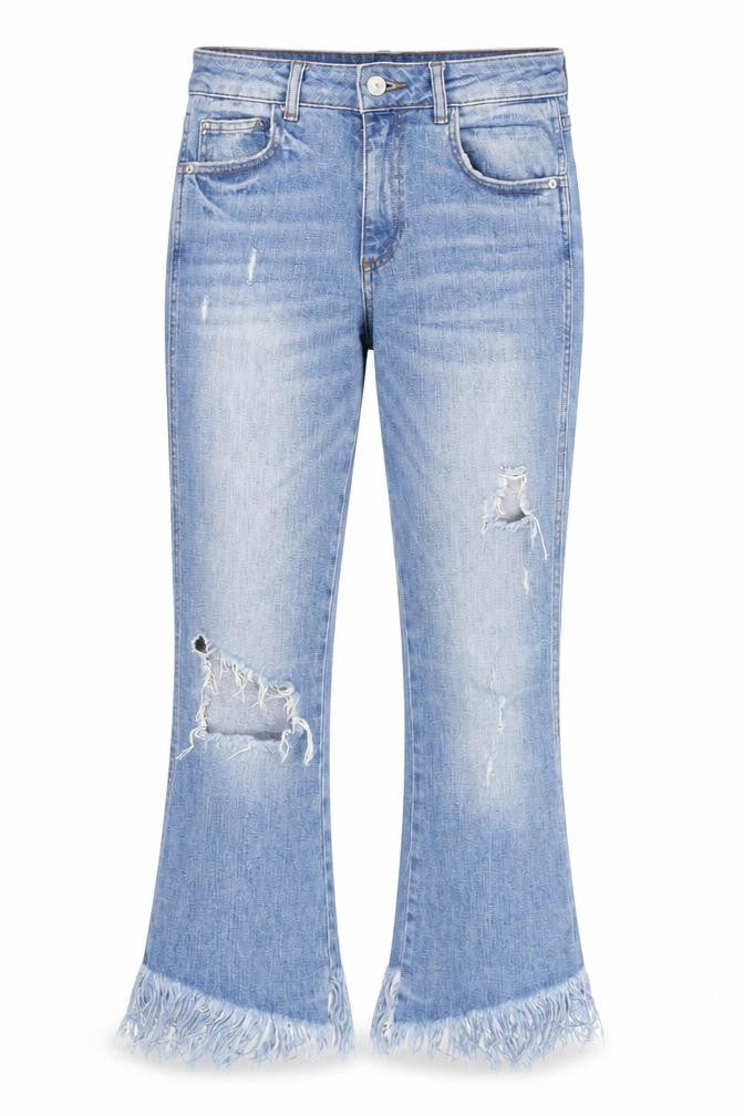 Front view of Tractr Women’s Blue Cropped Distressed Jeans, size UK 10