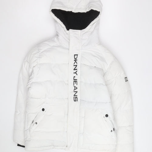 DKNY Jeans Boys White Hooded Puffer Jacket Size 10 Years Winter Coat