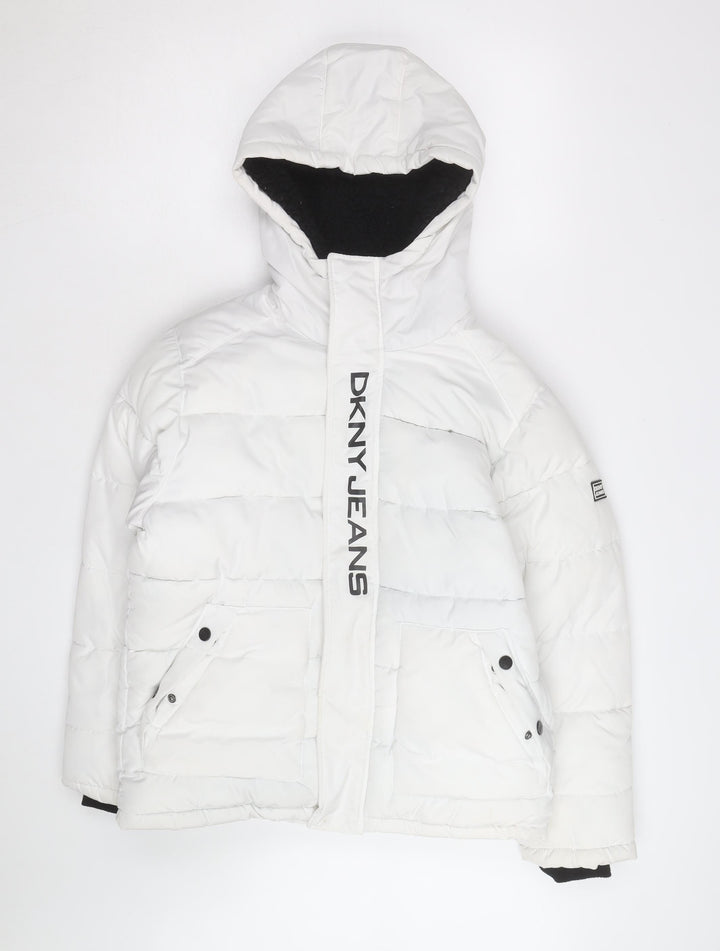 DKNY Jeans Boys White Hooded Puffer Jacket Size 10 Years Winter Coat