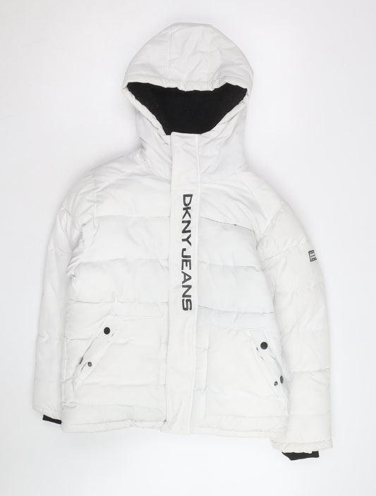 DKNY Jeans Boys White Hooded Puffer Jacket Size 10 Years Winter Coat