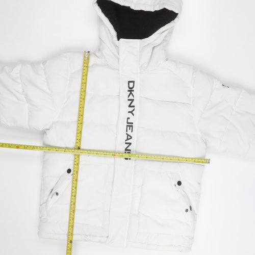 DKNY Jeans Boys White Hooded Puffer Jacket Size 10 Years Winter Coat