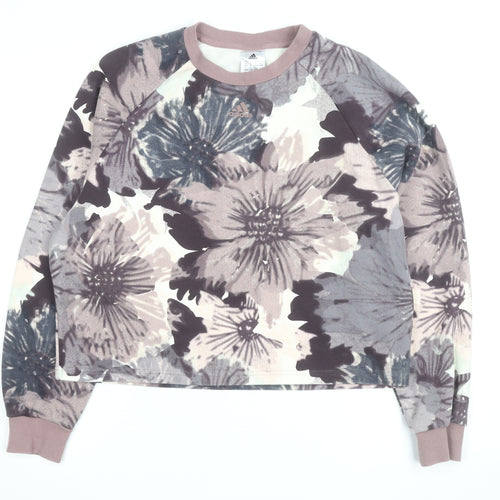 Adidas Women Beige Floral Print Crew Neck Pullover Sweatshirt Size 10