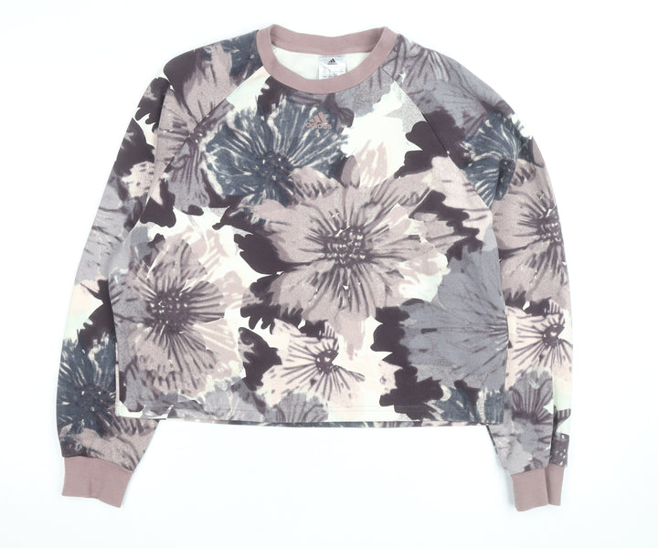 Adidas Women Beige Floral Print Crew Neck Pullover Sweatshirt Size 10