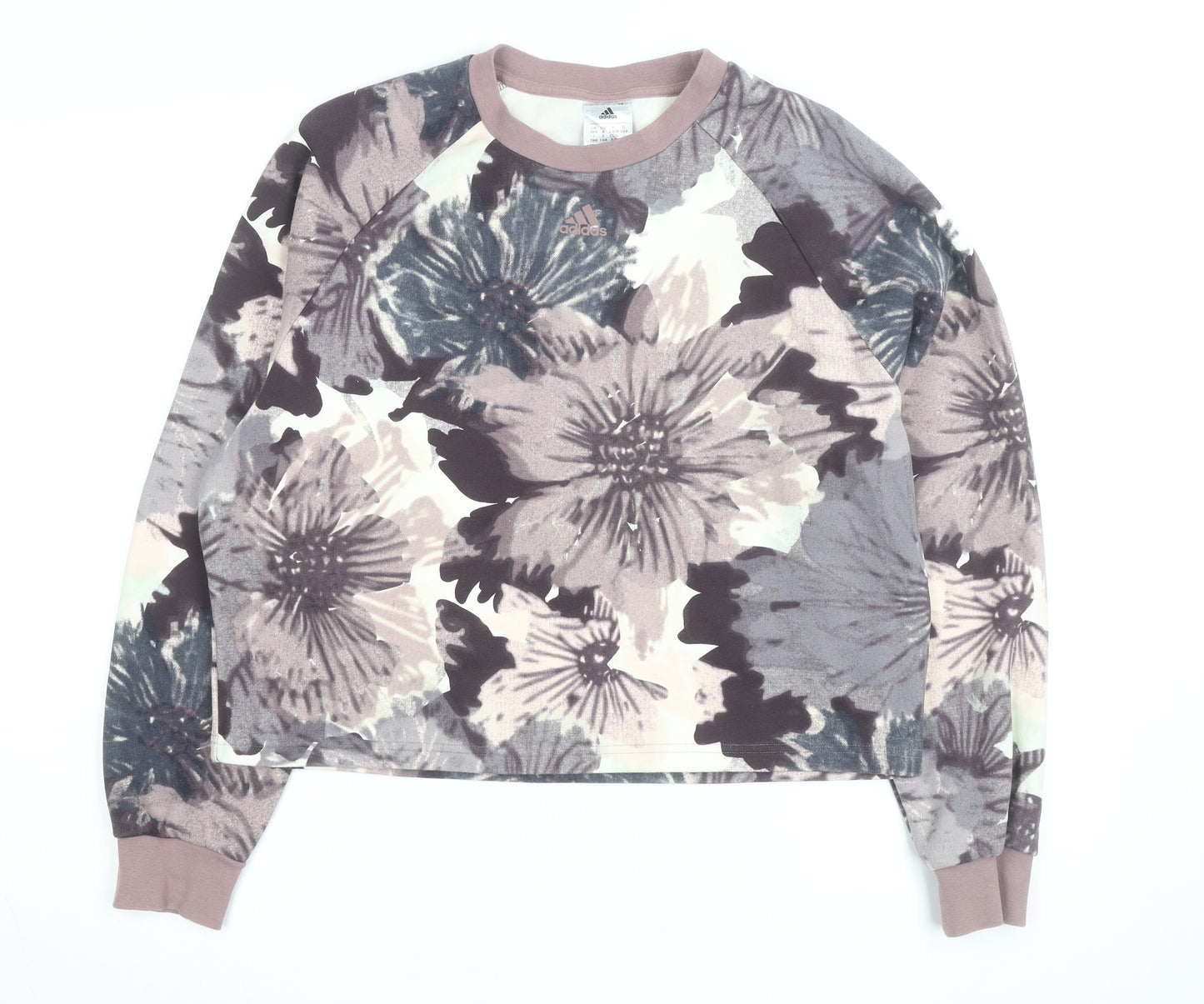 Adidas Women Beige Floral Print Crew Neck Pullover Sweatshirt Size 10