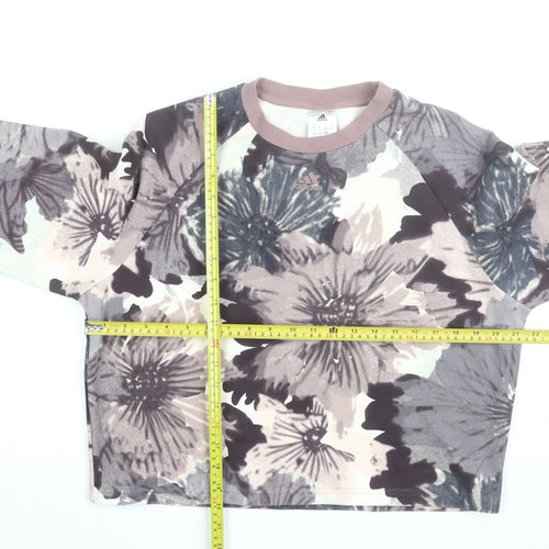 Adidas Women Beige Floral Print Crew Neck Pullover Sweatshirt Size 10