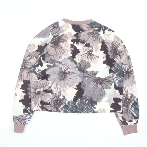 Adidas Women Beige Floral Print Crew Neck Pullover Sweatshirt Size 10