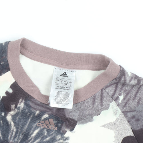 Adidas Women Beige Floral Print Crew Neck Pullover Sweatshirt Size 10