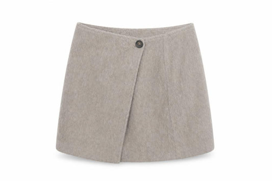 Front view of Marks & Spencer Women’s Beige Wrap Short Skirt, size UK 16, Lined