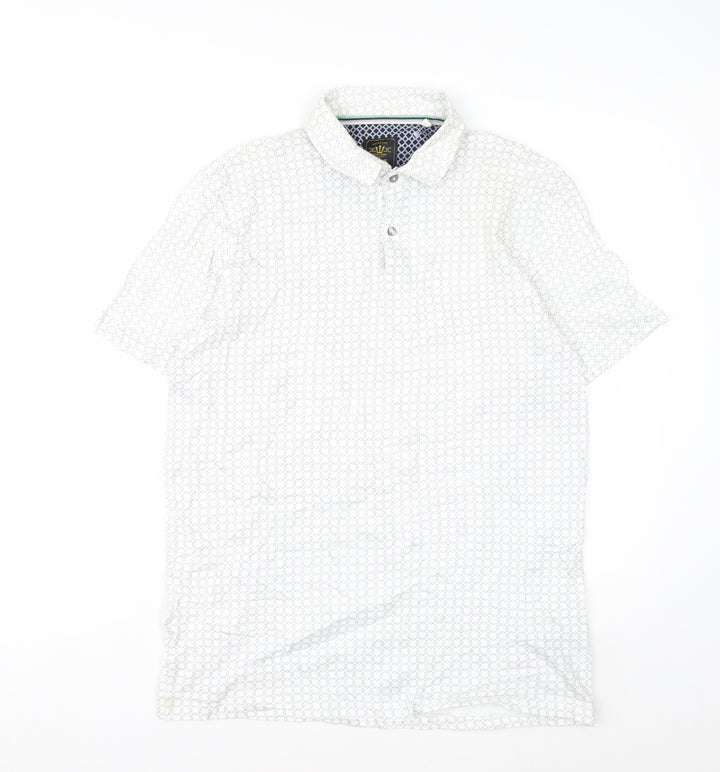 Next Men's White Geometric Cotton Polo Shirt Size M