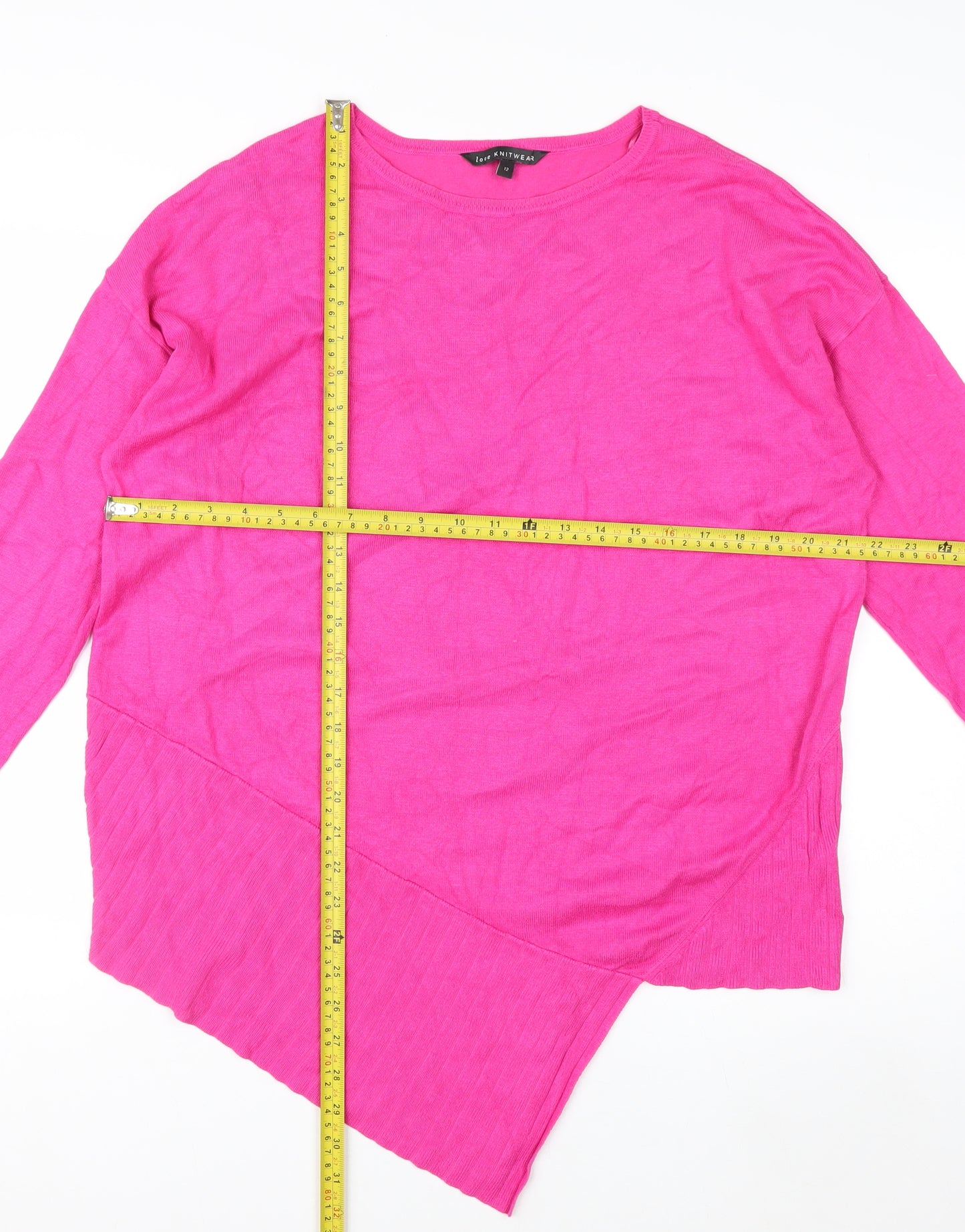 Bonmarché Women Pink Crew Neck Asymmetric Hem Knit Jumper Size 12