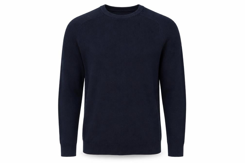Front view of River Island Men's Blue Cotton Crew Neck Jumper, size S