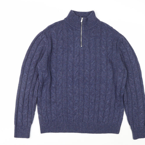 Next Men's Blue Cable Knit Half Zip Wool Blend Jumper M