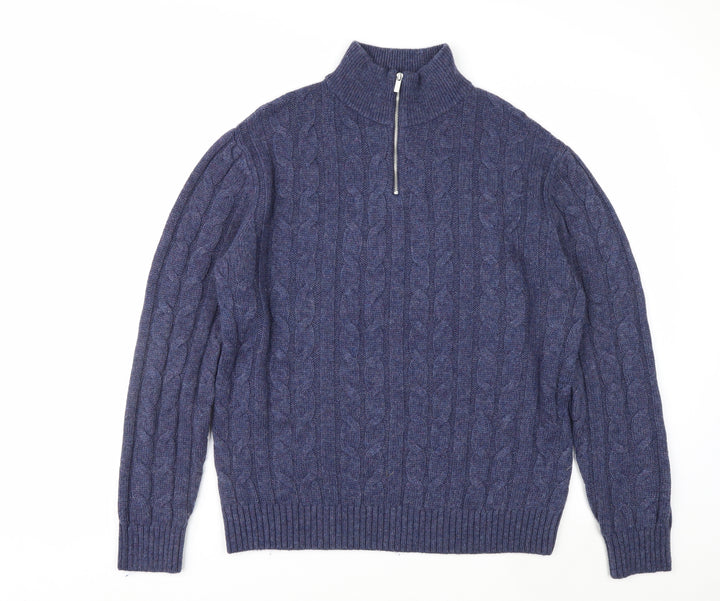 Next Men's Blue Cable Knit Half Zip Wool Blend Jumper M